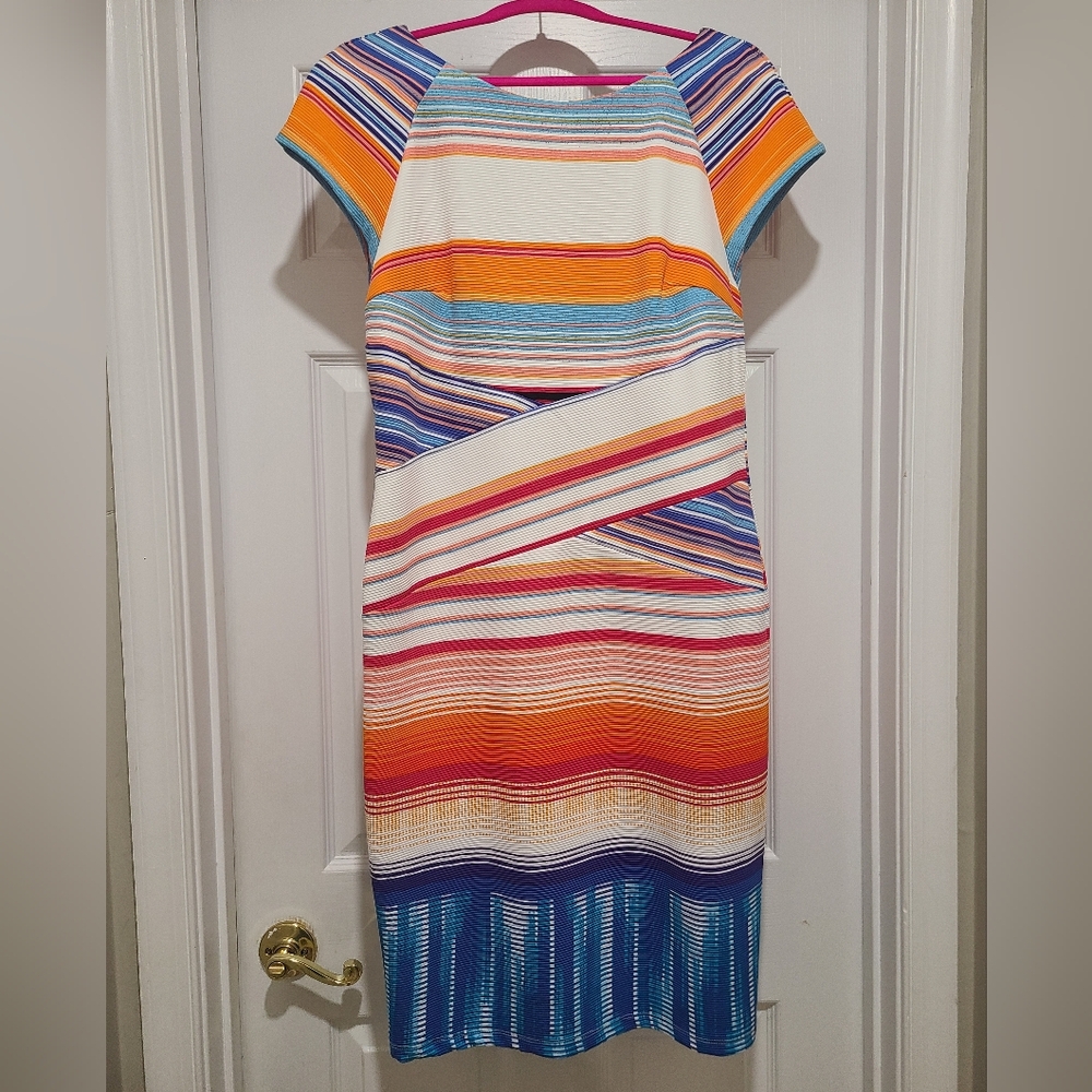 ICE Dress NEW Size 14 Tropical Sheath Orange/Blue Stretchy